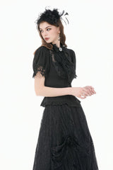 Black Stand Collar Short Puff Sleeves Sheer Lace Lace-Up Women's Gothic Blouse with Detachable Bowknot - Product - 2