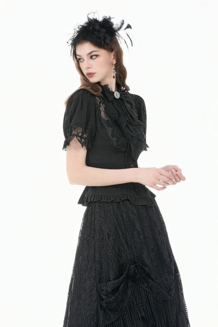Black Stand Collar Short Puff Sleeves Sheer Lace Lace-Up Women's Gothic Blouse with Detachable Bowknot - Product - 2