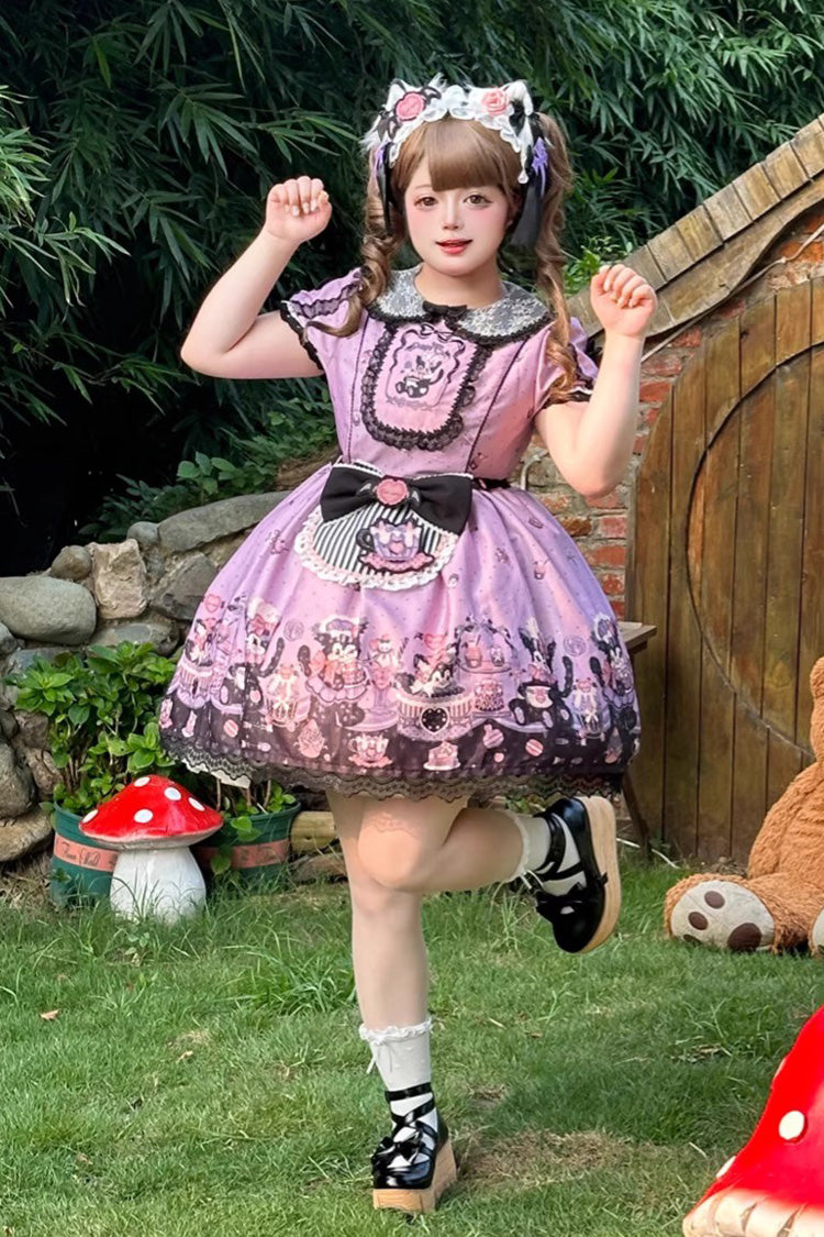 Purple [Devil Cat] Print Short Sleeves Ruffle Bowknot Lace Gothic Lolita OP Dress (Plus Size Support) - Product - 8