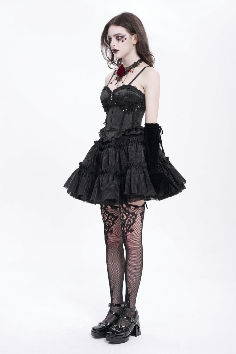 Black Sleeveless Ruffle Embroidery Lace-Up Women's Gothic Tank Top - Product - 6