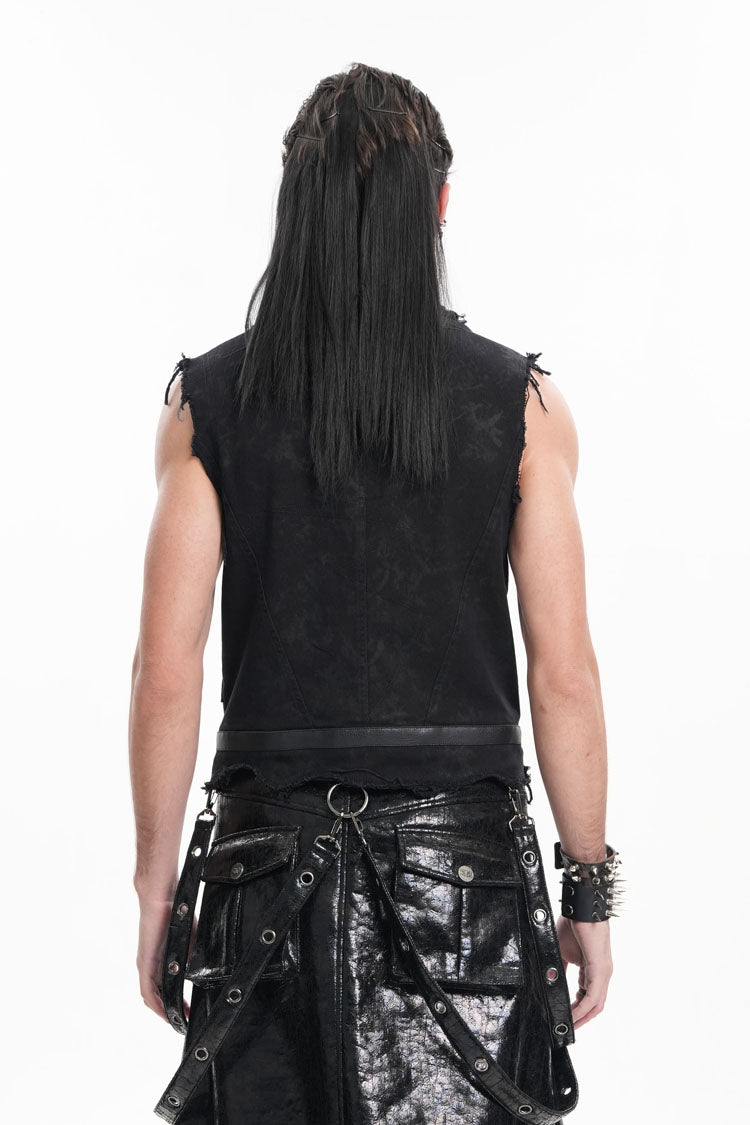 Black Lapel Collar Sleeveless Ripped Buckle Eyelets Men's Gothic Vest - Product - 3