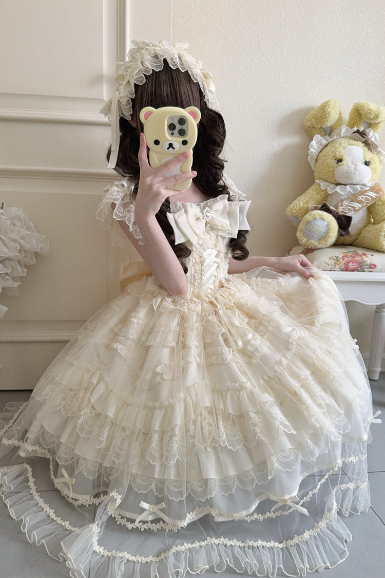 Apricot [Eternal Vow] Sleeveless Multi-Layered Ruffle Hanayome Bowknot Lace Lace-Up Sweet Lolita Jsk Dress - Product - 8