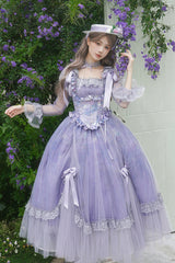 Purple Square Collar Long Sleeves Ruffle Bowknot Lace Fishbone Sweet Lolita Dress - Product - 2