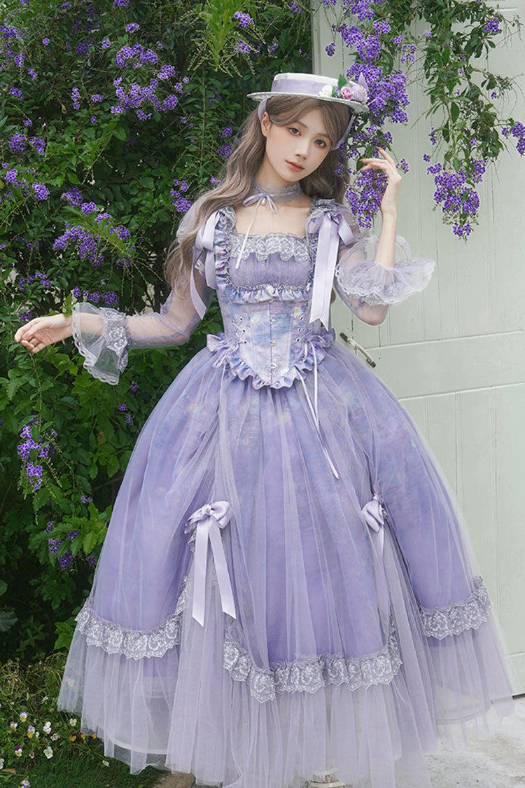 Purple Square Collar Long Sleeves Ruffle Bowknot Lace Fishbone Sweet Lolita Dress - Product - 2
