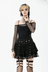 Black Off Shoulder Long Sleeves Mesh Women's Gothic Versatile Top - Black - 1