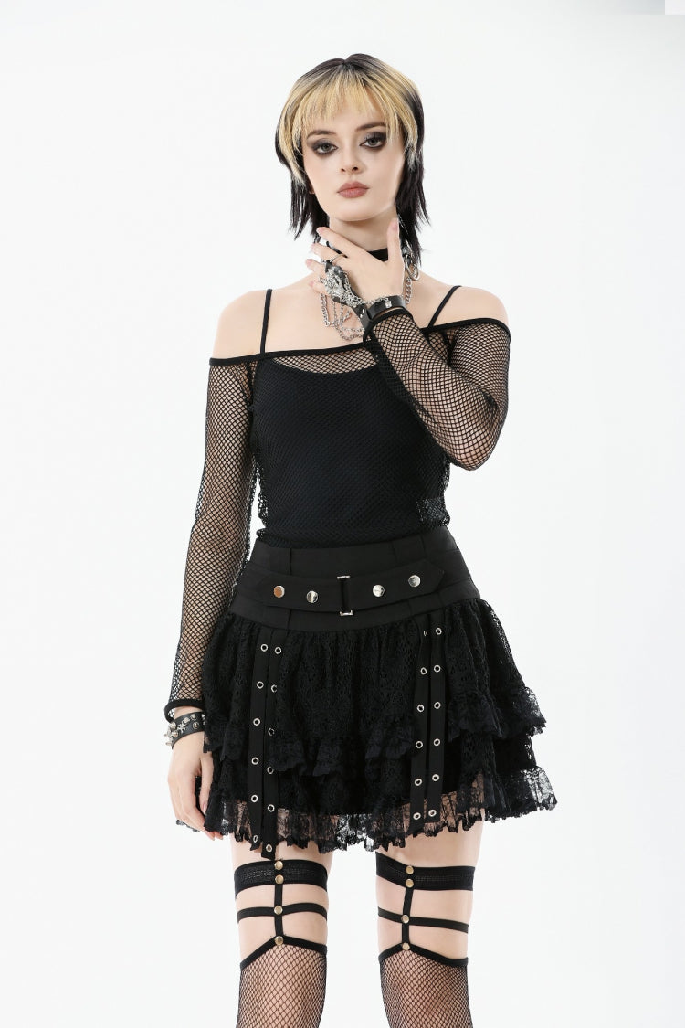 Black Off Shoulder Long Sleeves Mesh Women's Gothic Versatile Top - Black - 1