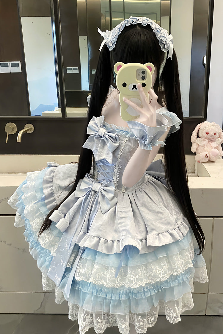 Blue [Misty Mountain Veil] Sleeveless Multi-Layered Ruffled Bow Lace Sweet Princess Ballet Lolita Jsk Dress - Product - 2