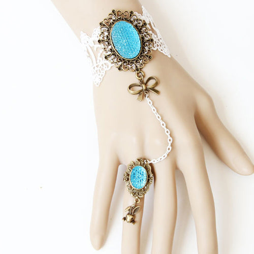 White Retro Fashion Bow Sapphire Lace Female Lolita Ring Bracelet - Product - 1
