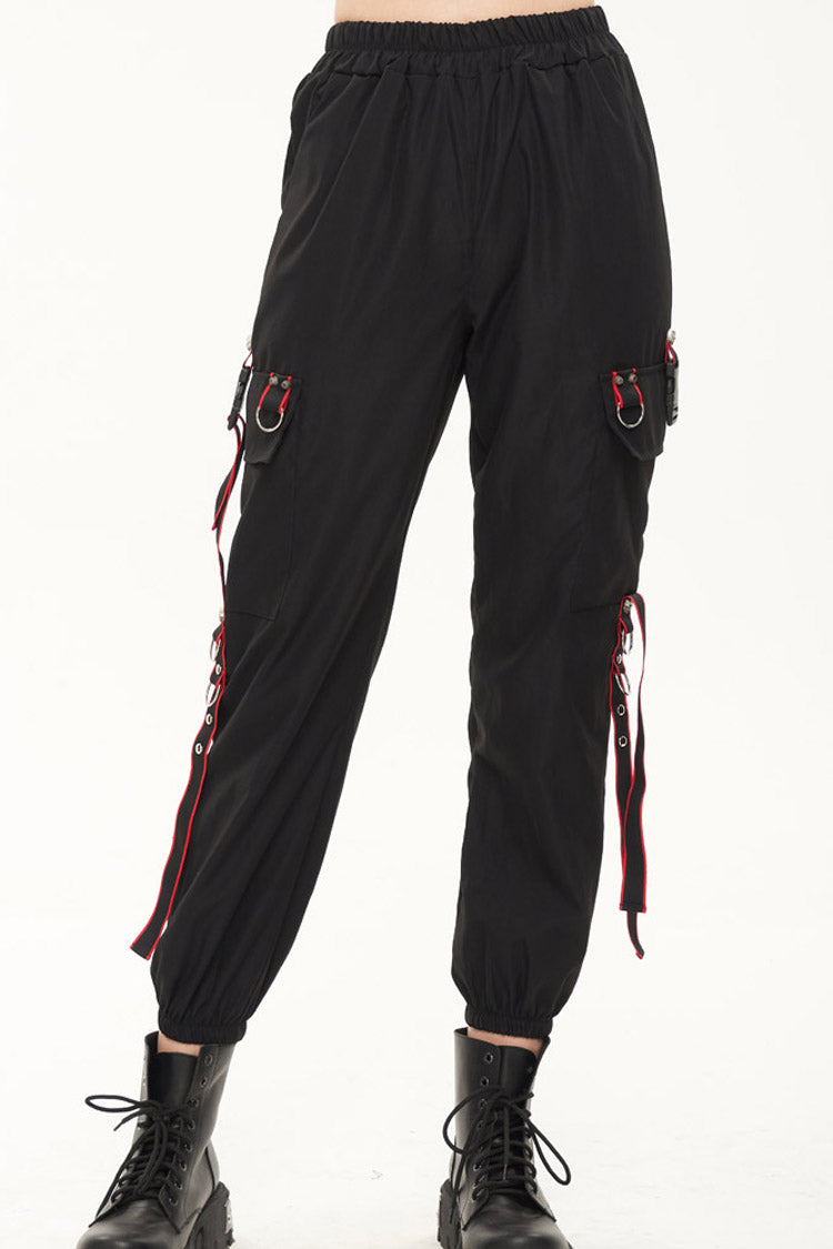 Black Punk Casual Skull Webbing Decoration Women's Long Pants - Black - 1