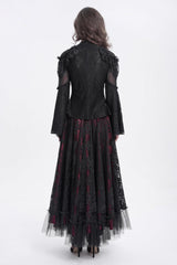 Black Stand Collar Long Trumpet Sleeves Embroidery Stitching Lace Women's Gothic Blouse - Product - 6