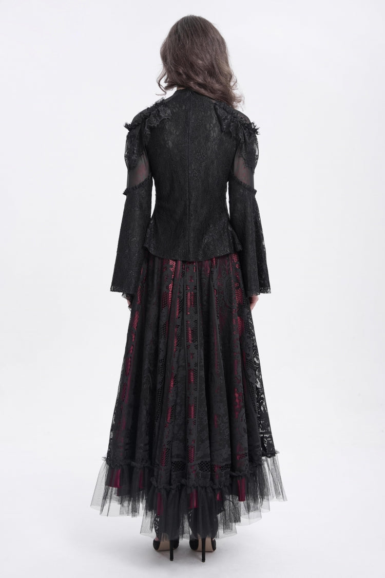 Black Stand Collar Long Trumpet Sleeves Embroidery Stitching Lace Women's Gothic Blouse - Product - 6