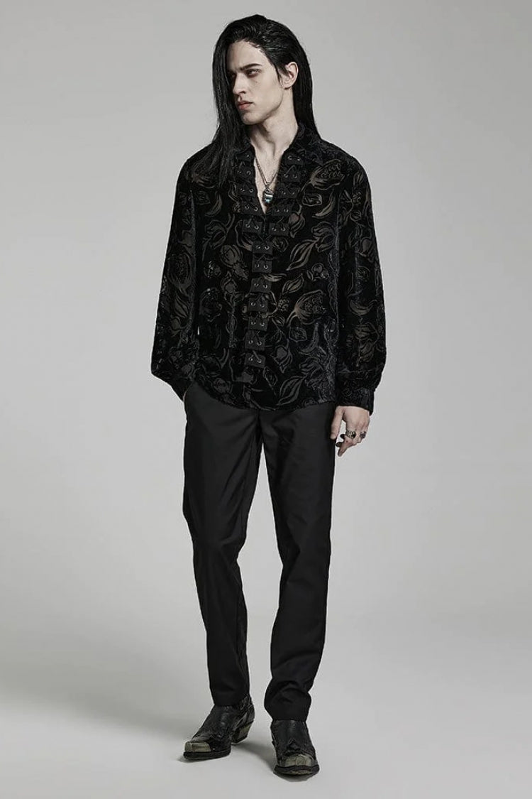 Piranha Print Lapel Collar Long Sleeves Mens Gothic Blouse 2 Colors - Product - 4