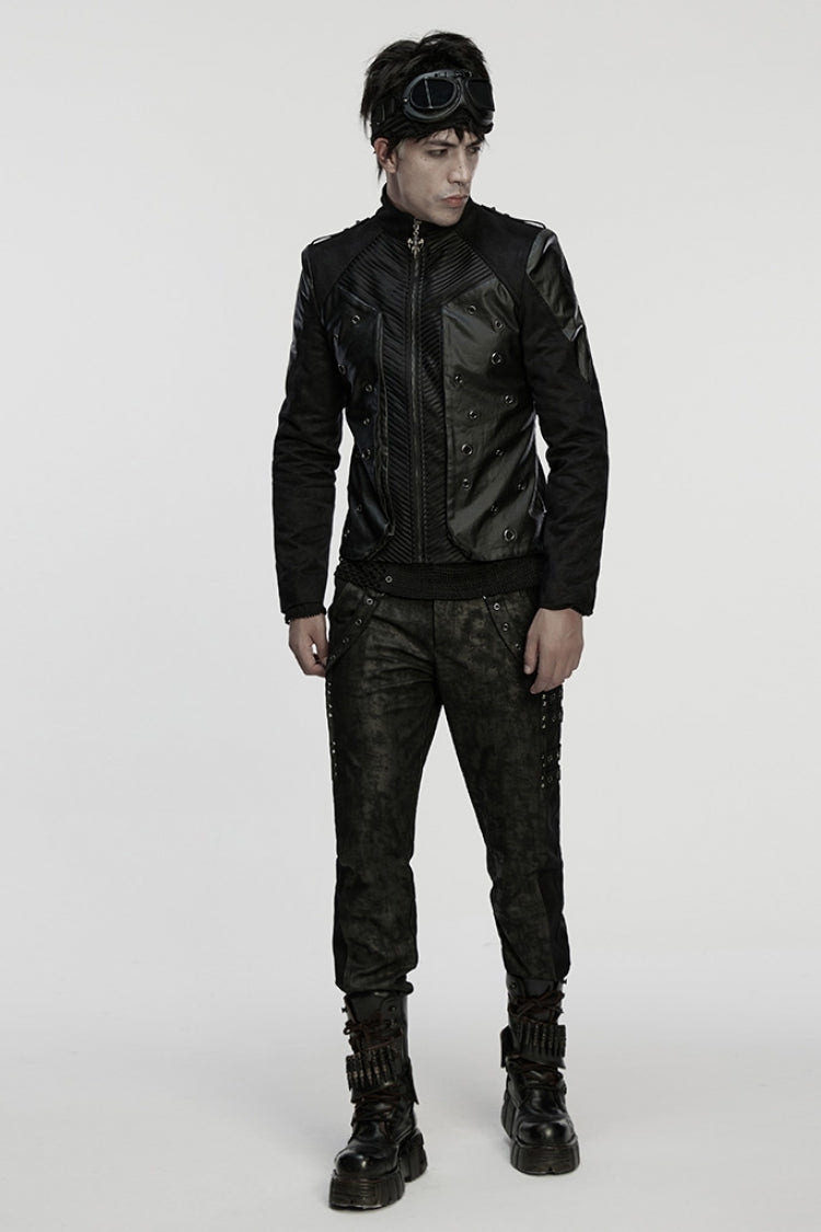 Black Stand Collar Long Sleeves Stitching Zipper Eyelet Men's Punk Jacket - Product - 4