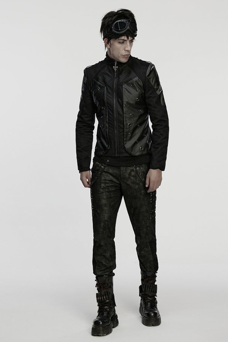 Black Stand Collar Long Sleeves Stitching Zipper Eyelet Men's Punk Jacket - Product - 4