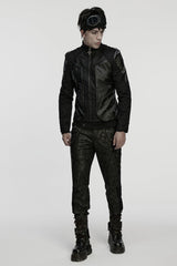 Black Stand Collar Long Sleeves Stitching Zipper Eyelet Men's Punk Jacket - Product - 4