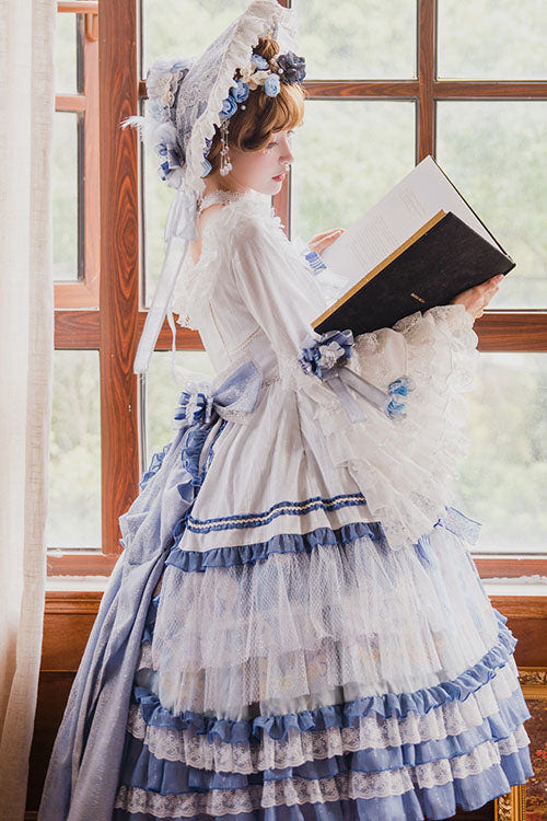 Blue/White Three Dimensional Flower Embroidery Hanayome Long Sleeves Bowknot Multi-Layer Ruffled Sweet Lolita OP Dress - Product - 4