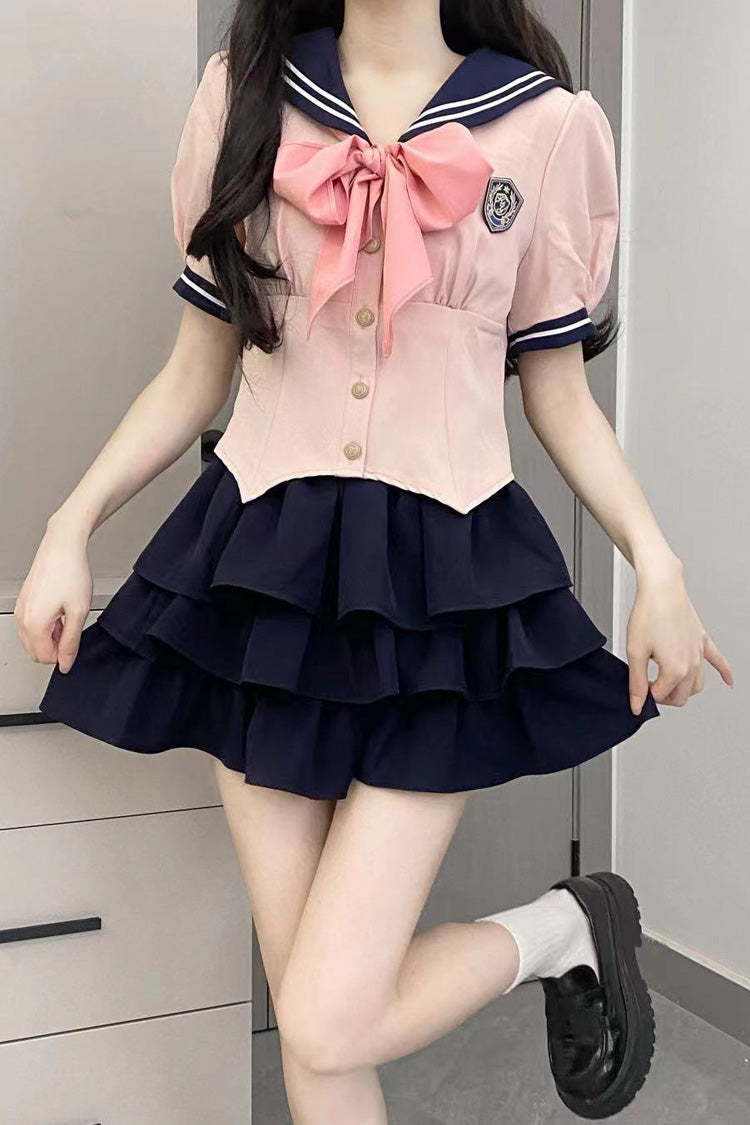 Short Sleeves Multi-layer Ruffle Bowknot Sweet College Style Japanese School Skirt Set 4 Colors - Product - 2