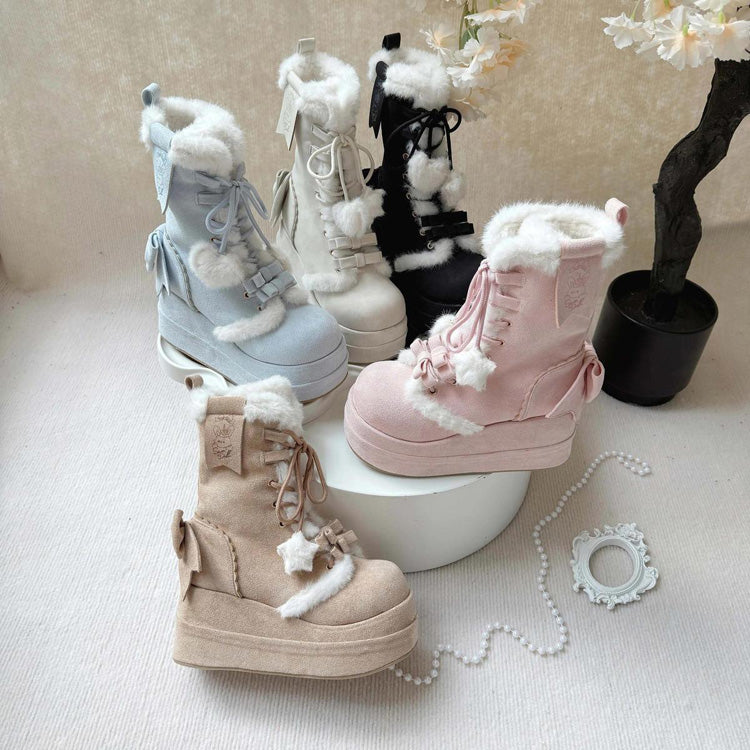 Black Cute Platform Thick-Soled Bowknot Lace-Up Sweet Lolita Plush Boots - Product - 2