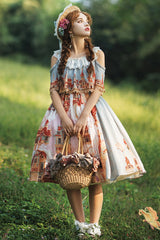 Multi-Color European Architectural Oil Painting Print Off Shoulder Short Sleeves Bowknot Sweet Lolita Dress - Multi-Color - 1