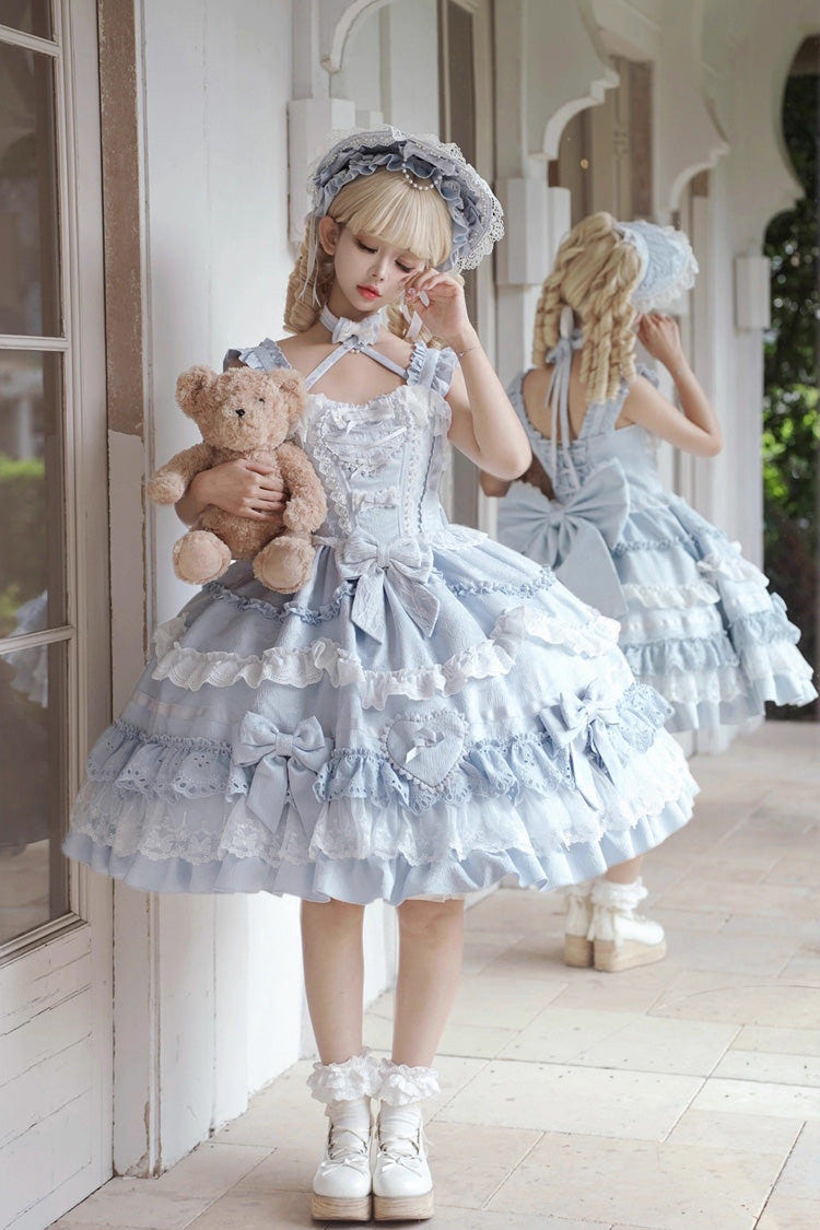 Blue [Super Cute Belia] Sleeveless Triple-Layered Ruffle Bowknot Lace Sweet Elegant Lolita Jsk Dress - Product - 9
