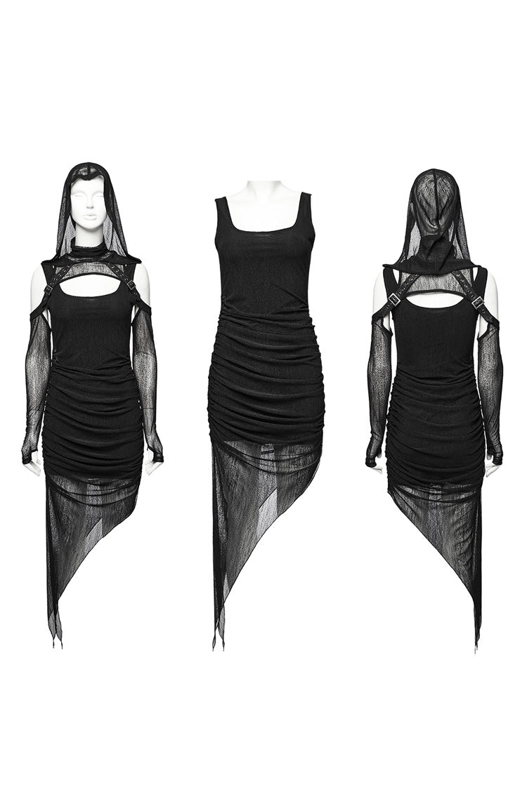Black Off Shoulder Long Sleeves Irregular Hooded Women's Punk Dress - Product - 5