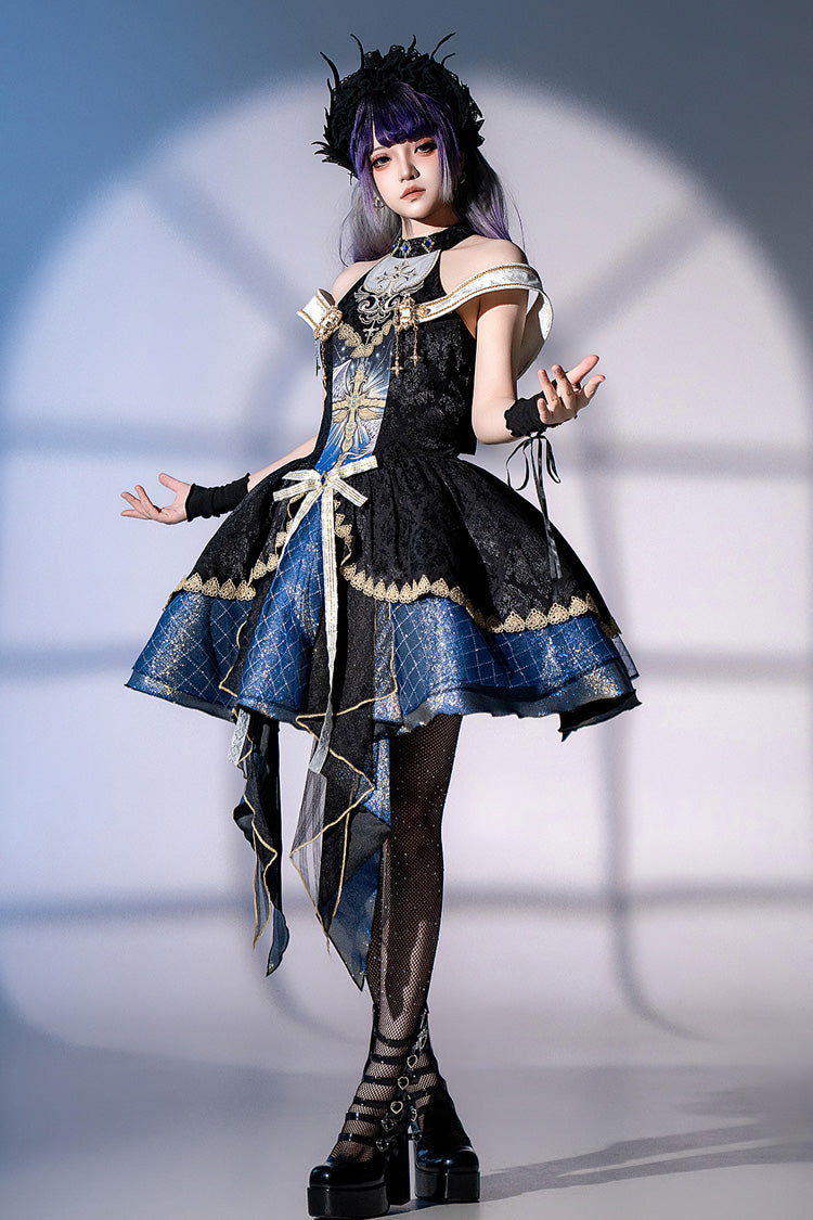 Black/Blue [Universe] Off Shoulder Halterneck Sleeveless Print Embroidery Cardigan Gothic Princess Lolita Dress - Product - 5
