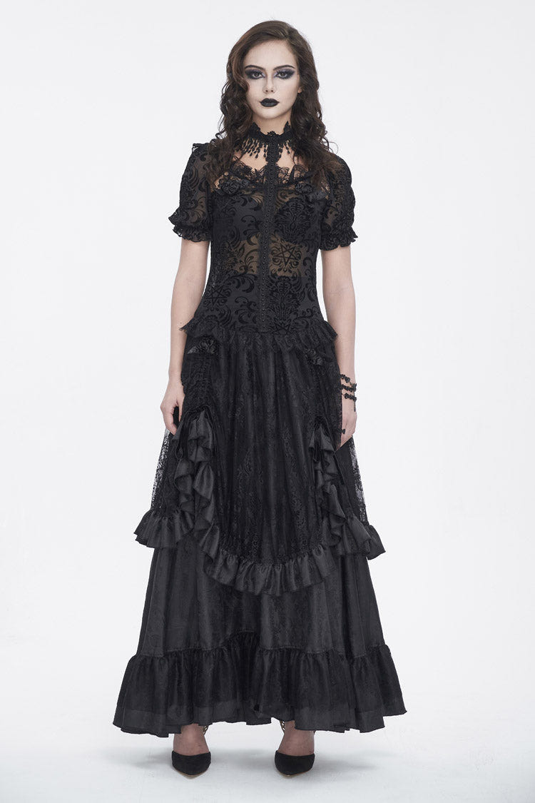 Black Ruffle Lace Drawstring Women's Gothic Skirt - Product - 3