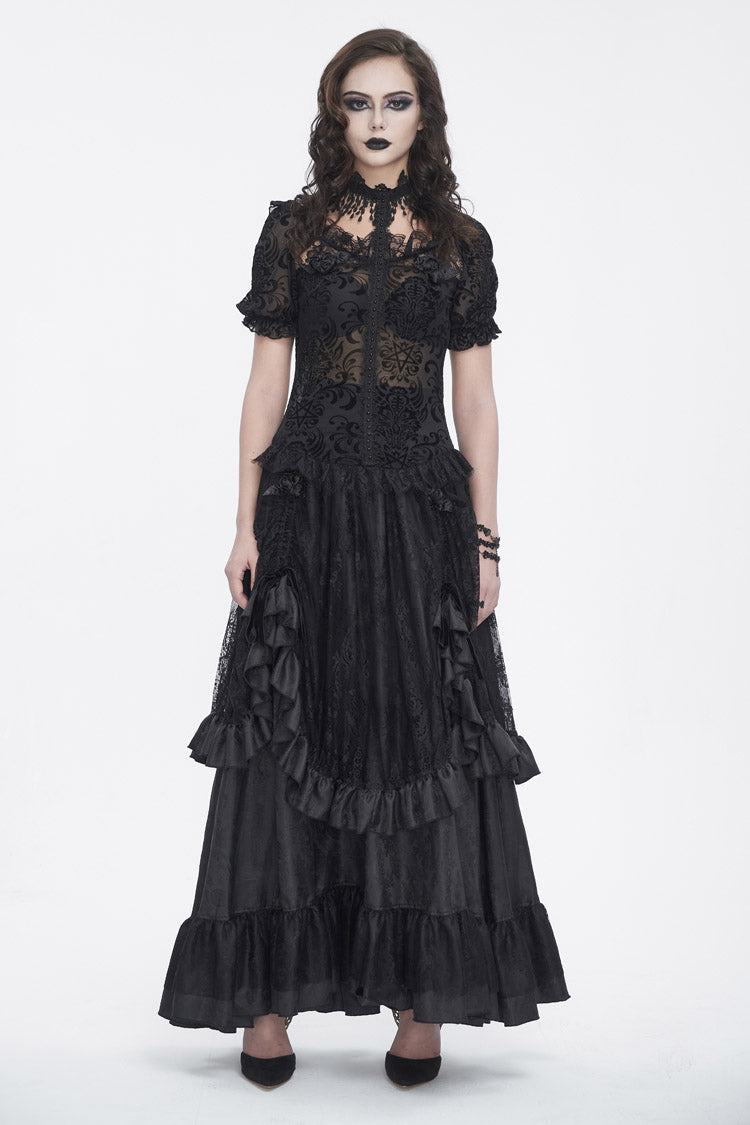 Black Ruffle Lace Drawstring Women's Gothic Skirt - Product - 3