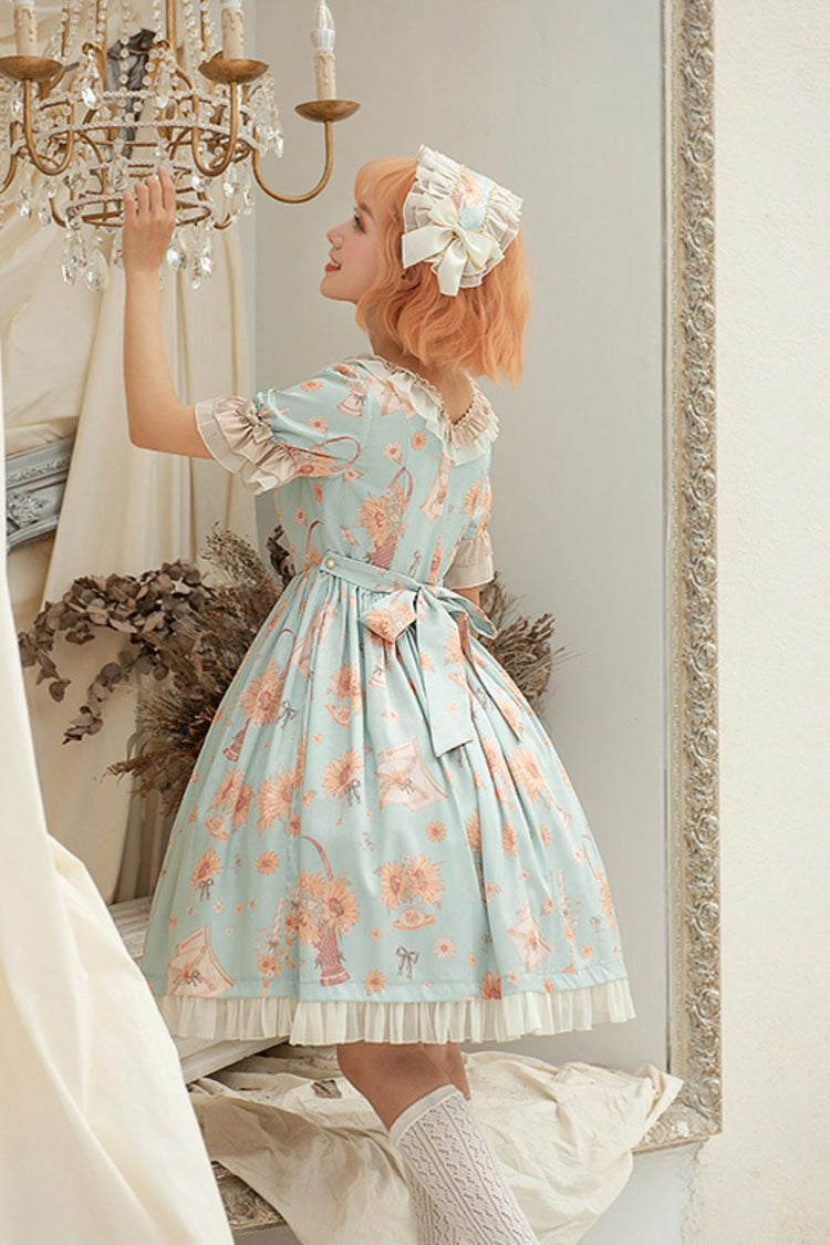 グリーン [Miss Sunflower] 半袖 プリント フリル リボン スウィートロリータワンピース 商品画像