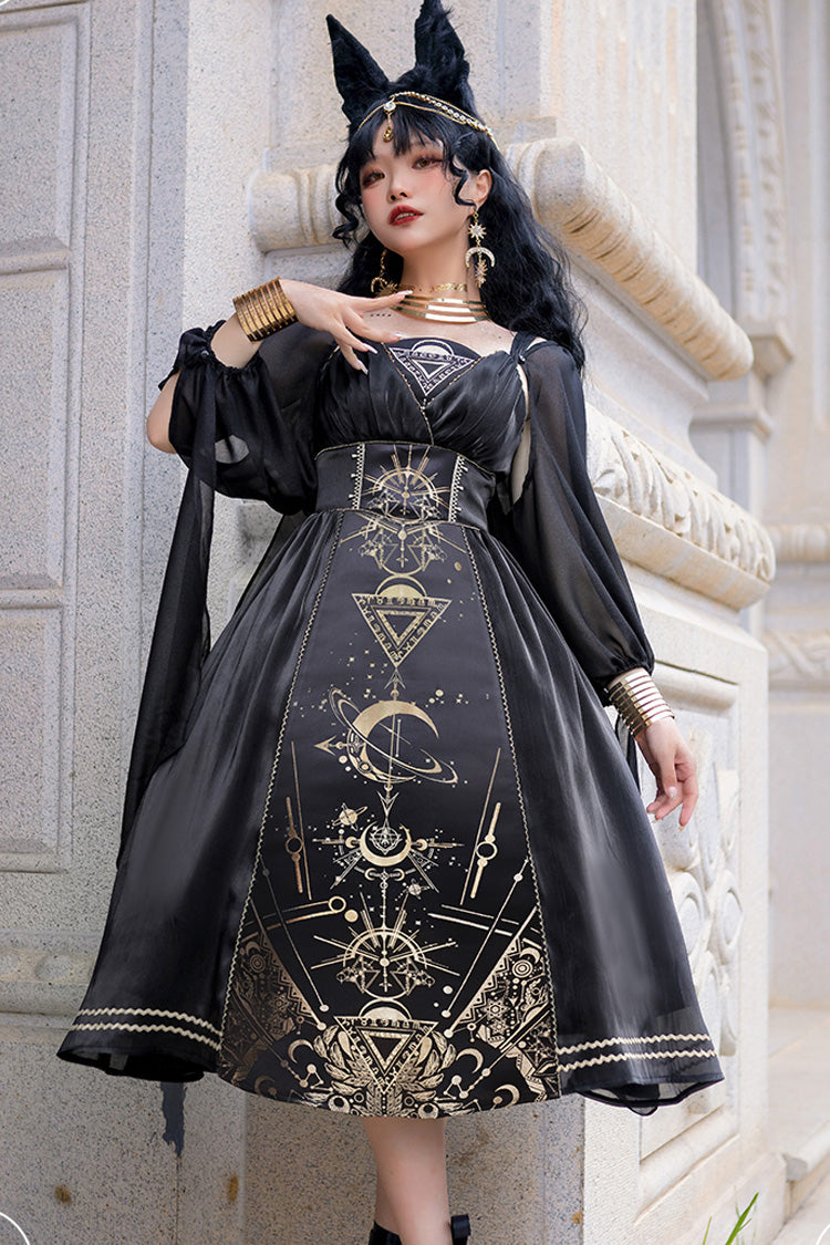 Black [Nightmare of Horus] Print Ruffle Hot Stamping Gothic Gorgeous Lolita Jsk Short Dress - Black - 1