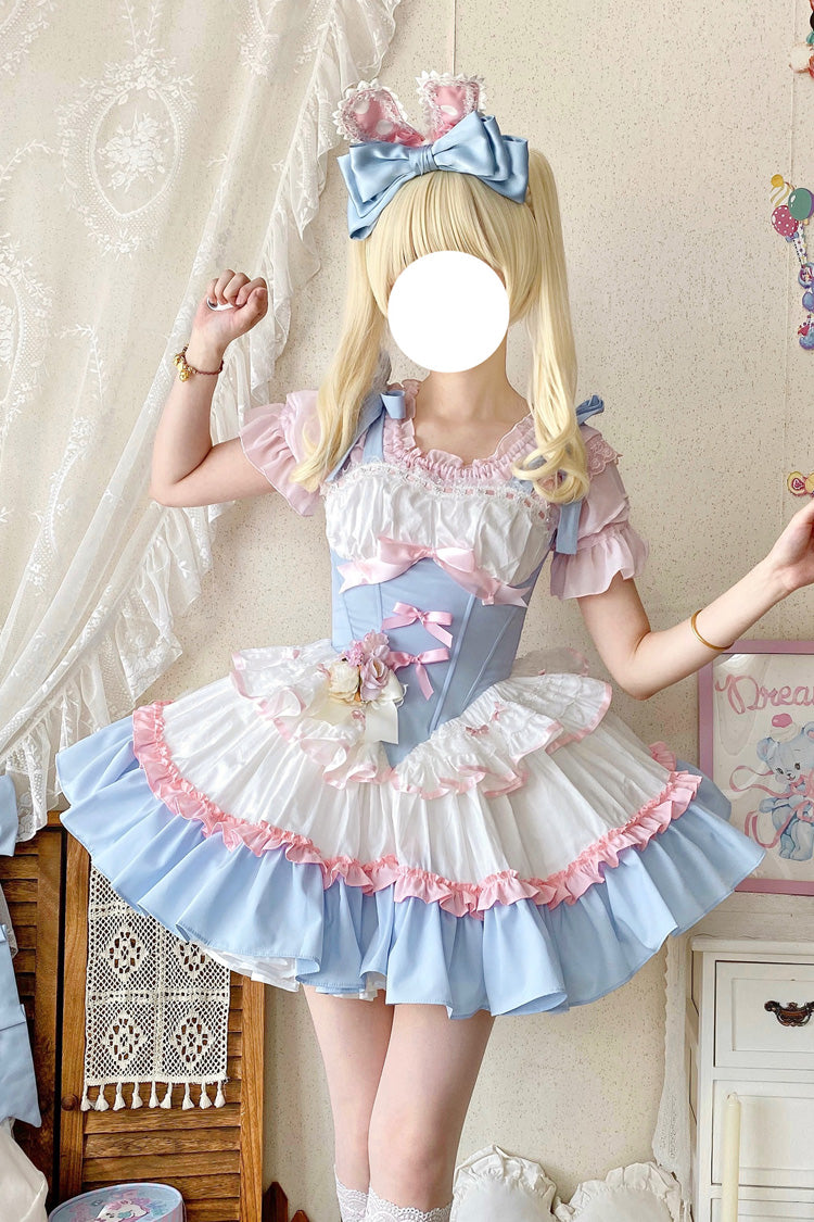Light-Blue/Pink/White [Fairy Tale Overture] Triple-Layered Ruffle Bowknot Fishbone Sweet Ballet Lolita Dress - Light-Blue/Pink/White - 1