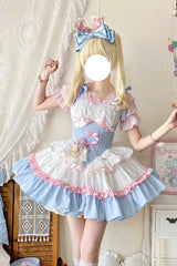 Light-Blue/Pink/White [Fairy Tale Overture] Triple-Layered Ruffle Bowknot Fishbone Sweet Ballet Lolita Dress - Light-Blue/Pink/White - 1