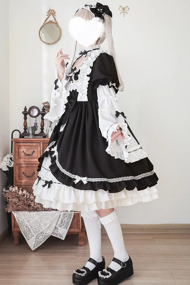 White/Black Long Sleeves Cardigan Bowknot Maid Gothic Lolita Dress - Product - 2