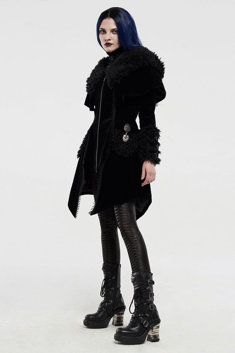 Black Long Sleeves Metal Buckle Hooded Womens Gothic Cloak Coat - Product - 4