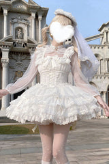 White [Flory Butterfly] Double-Layered Ruffle Bowknot Lace Lace-Up Sweet Ballet Lolita Jsk Dress - White - 1