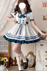 White/Green Navy Collar Short Sleeves Ruffle Bowknot Sweet Lolita Dress - Product - 6