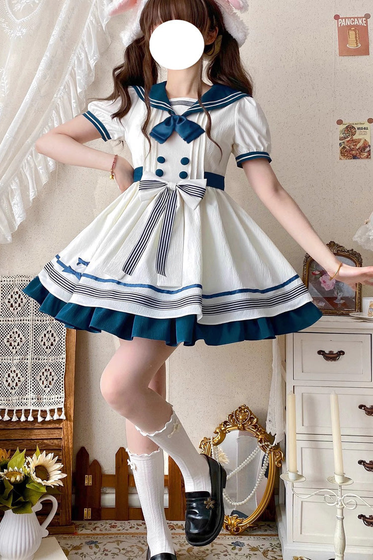 White/Green Navy Collar Short Sleeves Ruffle Bowknot Sweet Lolita Dress - Product - 6