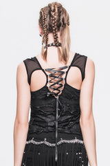 Black Sexy Torn Striped Lace Up Mesh Punk Women T-Shirt With Ghost Claw - Product - 4