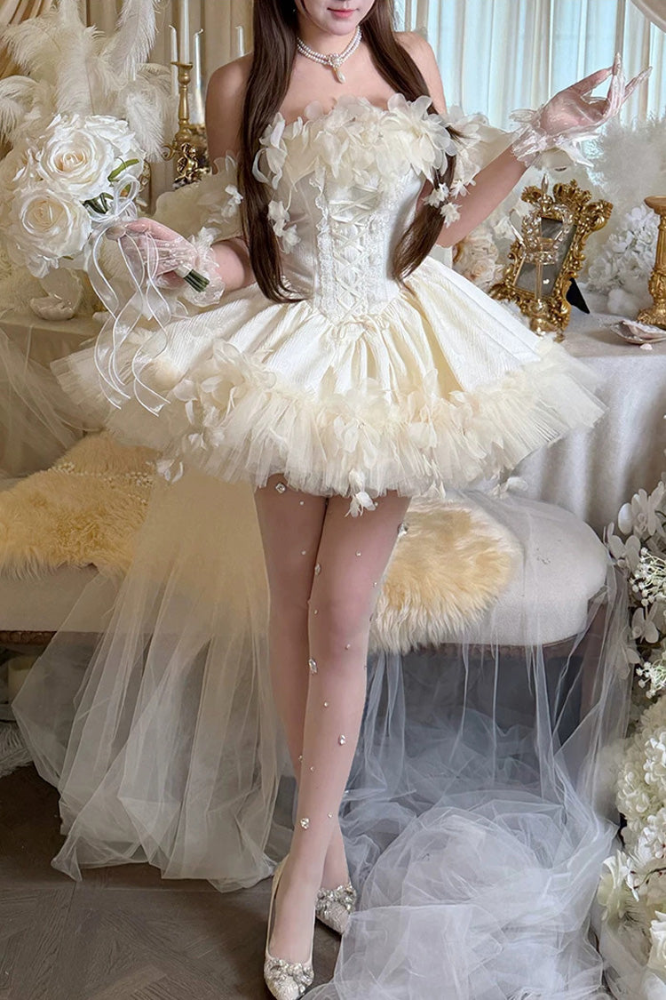 Apricot [Dream Confession] Sleeveless Multi-Layered Ruffled Hanayome Bow Lace Lace-Up Sweet Lolita Jsk Dress Short Version - Product - 5