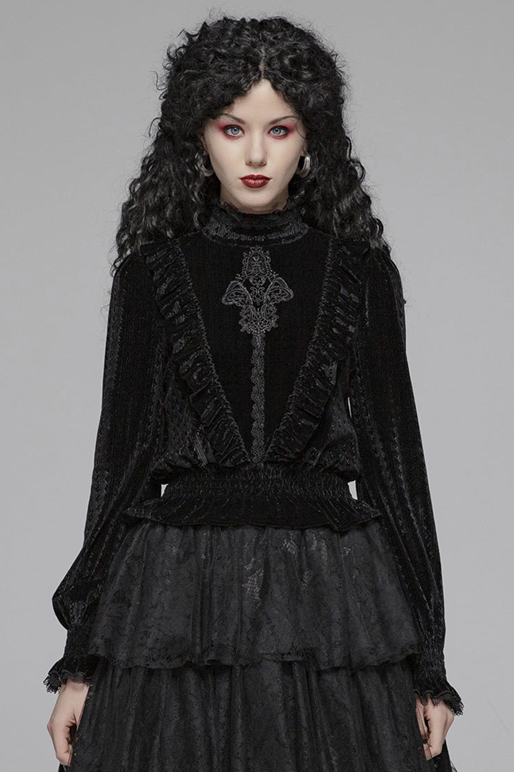 Black Stand Collar Long Sleeves Embroidery Floral Lace Women's Gothic Tops - Black - 1