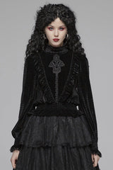Black Stand Collar Long Sleeves Embroidery Floral Lace Women's Gothic Tops - Black - 1