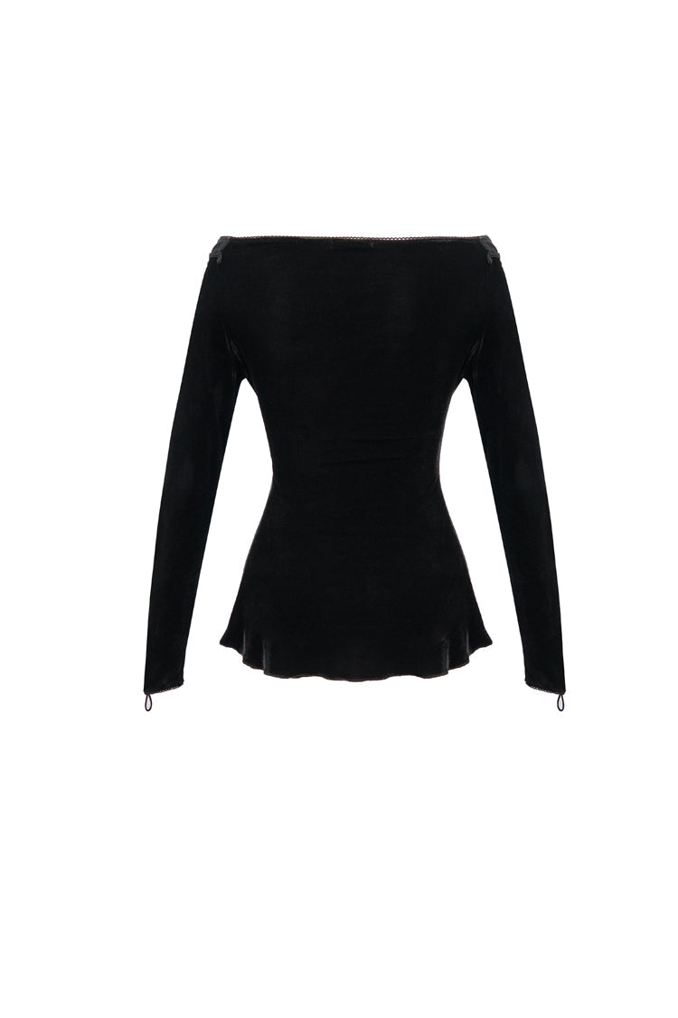 Black Velvet Off Shoulder Long Sleeve Mesh Collar Chest Flocking Pattern Women's Punk T-Shirt - Product - 9