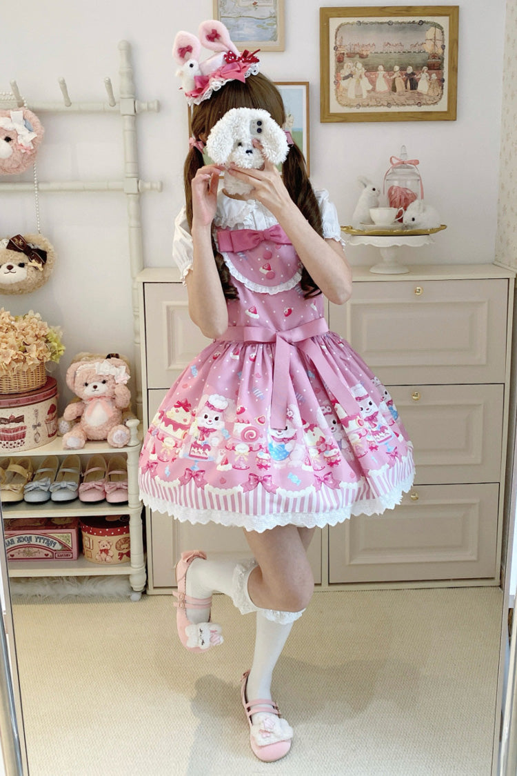 Pink [Cupid Bunny] Printed Sleeveless Bow Sweet Princess Lolita Strap Dress - Product - 9