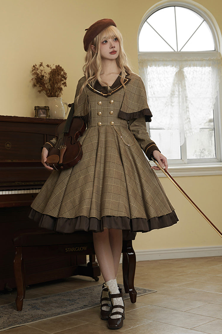 Brown [Baker Street Stories] Stripe Print Ruffle Fake Two Pieces British College Style Classic Lolita Dress - Brown - 1
