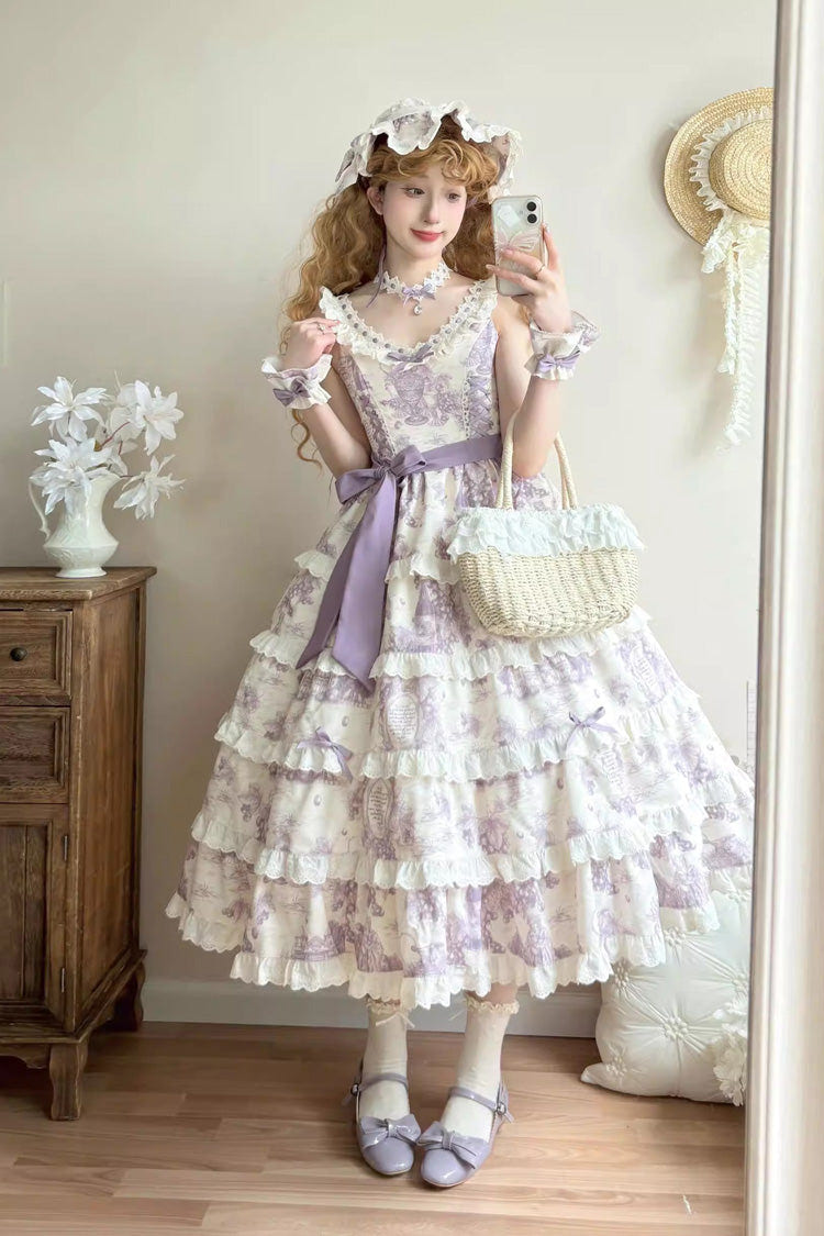 Purple [Grape Moon Almanac] Sleeveless Multi-Layered Printed Ruffled Bow Adjustable-Length Sweet Lolita Jsk Dress - Product - 6