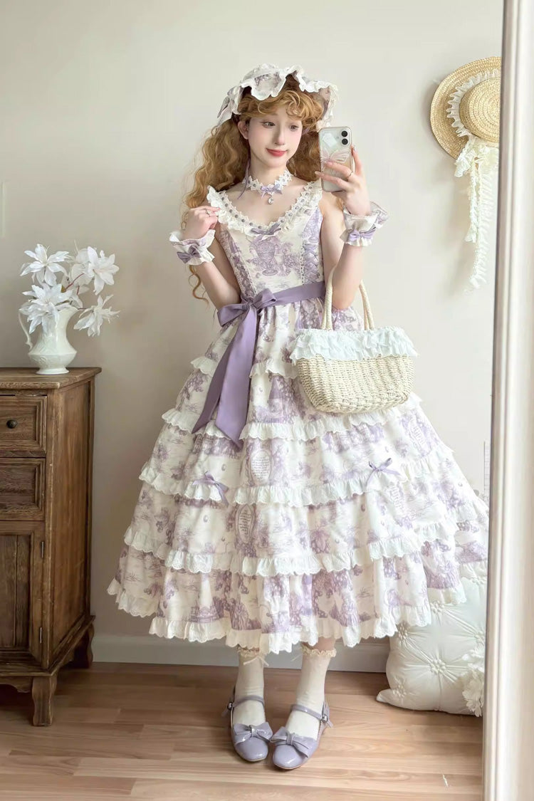 Purple [Grape Moon Almanac] Sleeveless Multi-Layered Printed Ruffled Bow Adjustable-Length Sweet Lolita Jsk Dress - Product - 6
