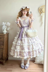 Purple [Grape Moon Almanac] Sleeveless Multi-Layered Printed Ruffled Bow Adjustable-Length Sweet Lolita Jsk Dress - Product - 6
