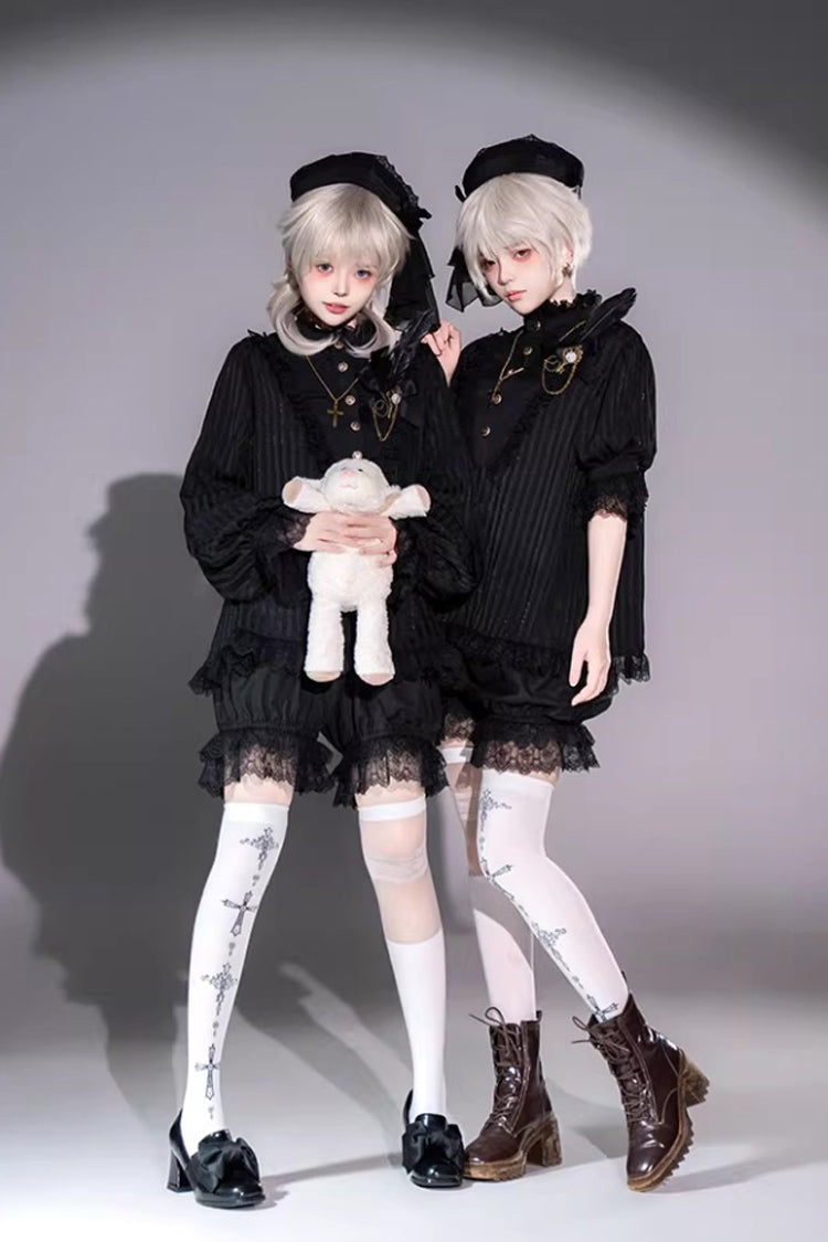 Black Stand Collar Long Short Sleeves Printed Ruffled Lace Gothic Ouji Lolita Set 2 Versions - Product - 5