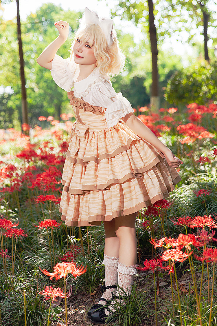 Apricot [Cloth Cat] Triple-Layered Print Ruffle Bowknot Sweet Lolita Dress - Product - 5