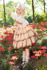 Apricot [Cloth Cat] Triple-Layered Print Ruffle Bowknot Sweet Lolita Dress - Product - 5